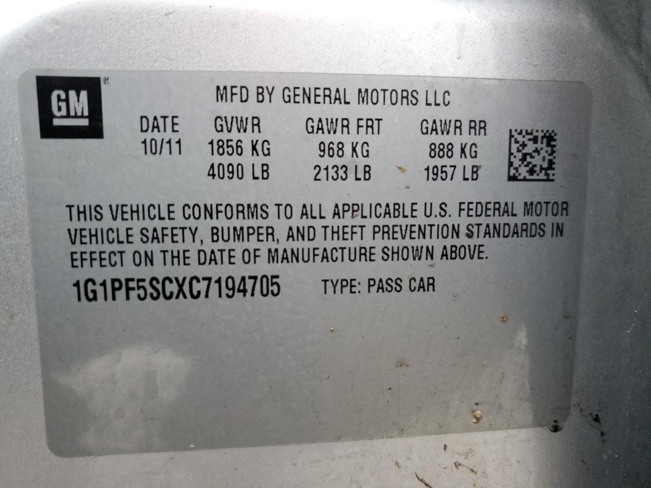 1G1PF5SCXC7194705 2012 Chevrolet Cruze Lt