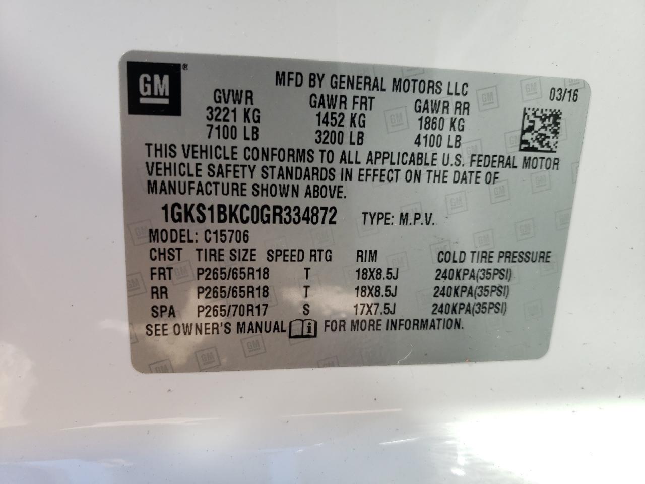 1GKS1BKC0GR334872 2016 GMC Yukon Slt