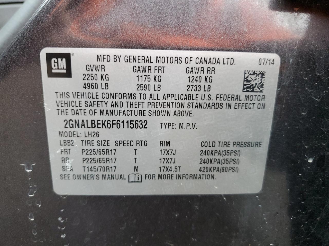 2GNALBEK6F6115632 2015 Chevrolet Equinox Lt