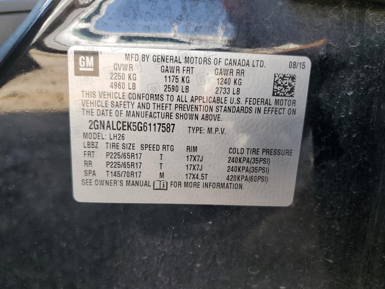 2GNALCEK5G6117587 2016 Chevrolet Equinox Lt