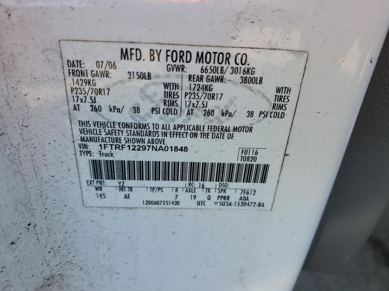 1FTRF122X7NA39542 2007 Ford F150 1FTRF122X7NA39542 2007 Ford F150