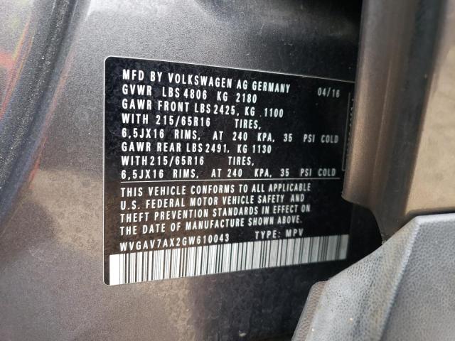 2016 VOLKSWAGEN TIGUAN S WVGAV7AX2GW610043
