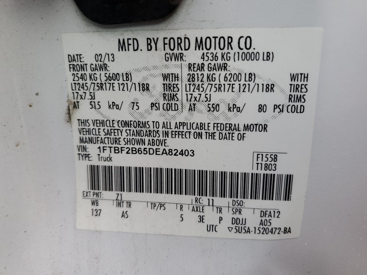 1FTBF2B65DEA82403 2013 Ford F250 Super Duty