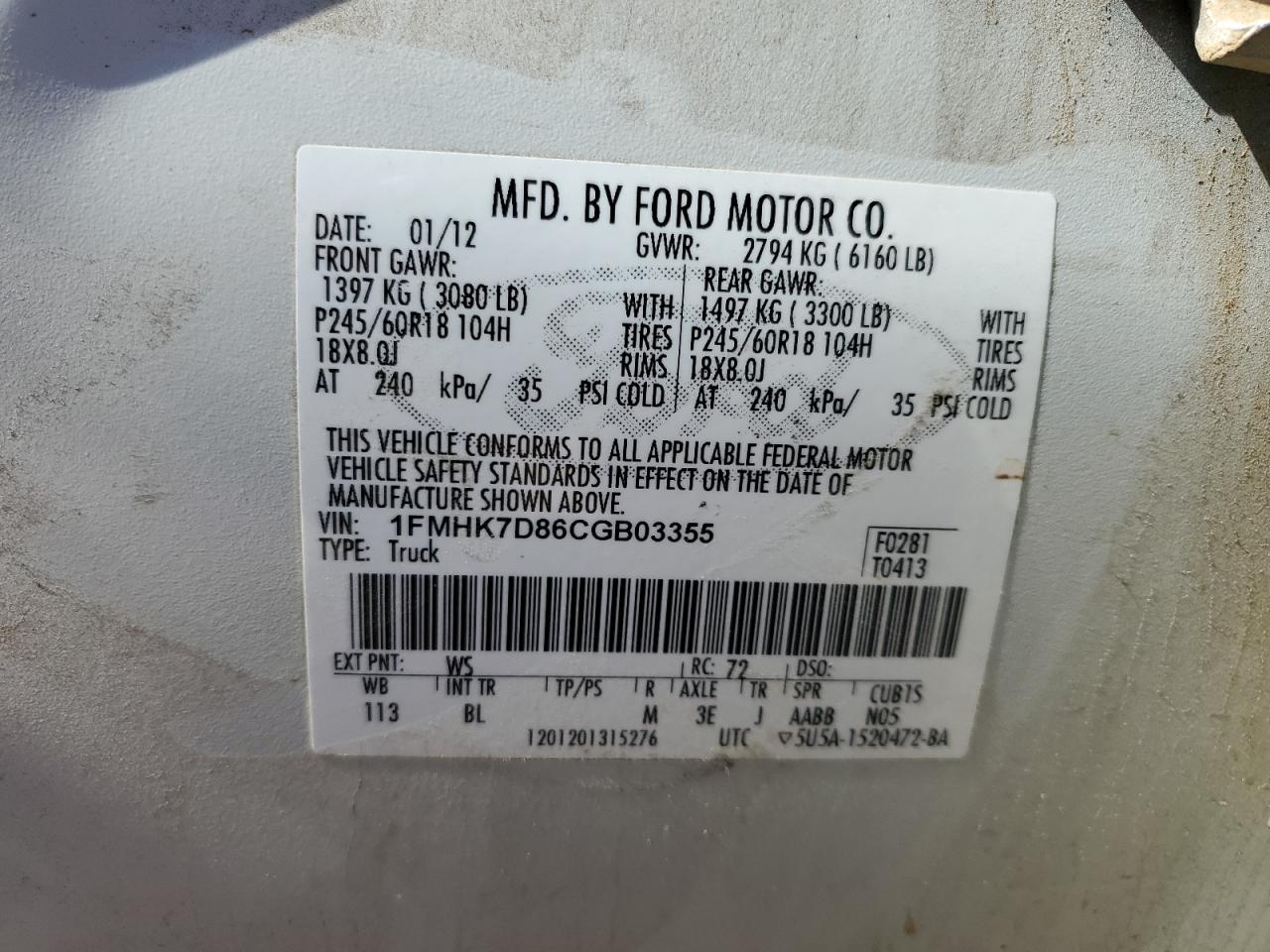 1FMHK7D86CGB03355 2012 Ford Explorer Xlt