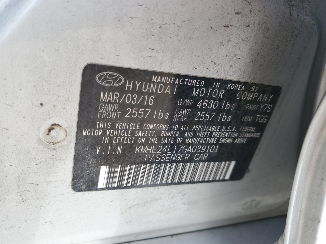 KMHE24L17GA039101 2016 Hyundai Sonata Hybrid