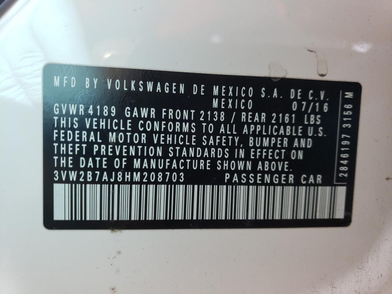 3VW2B7AJ8HM208703 2017 Volkswagen Jetta S