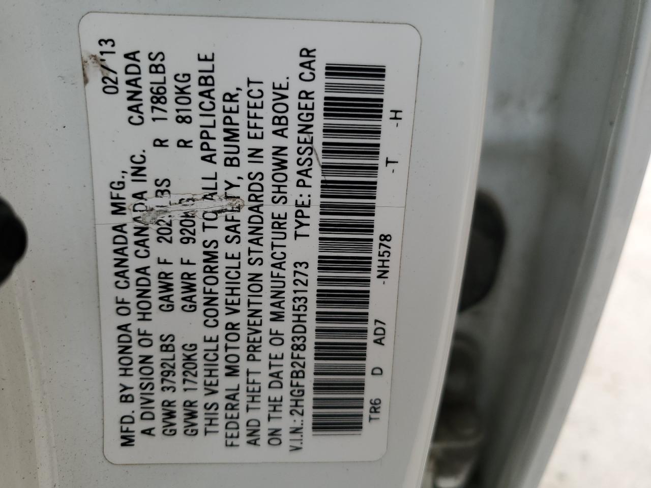 2HGFB2F83DH531273 2013 Honda Civic Ex