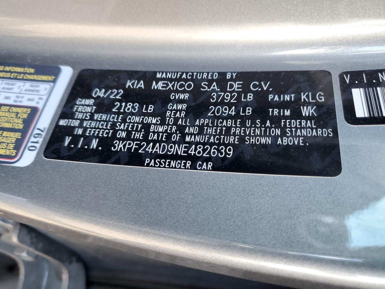 3KPF24AD9NE482639 2022 Kia Forte Fe