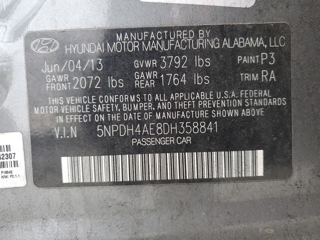 5NPDH4AE8DH358841 2013 Hyundai Elantra Gls