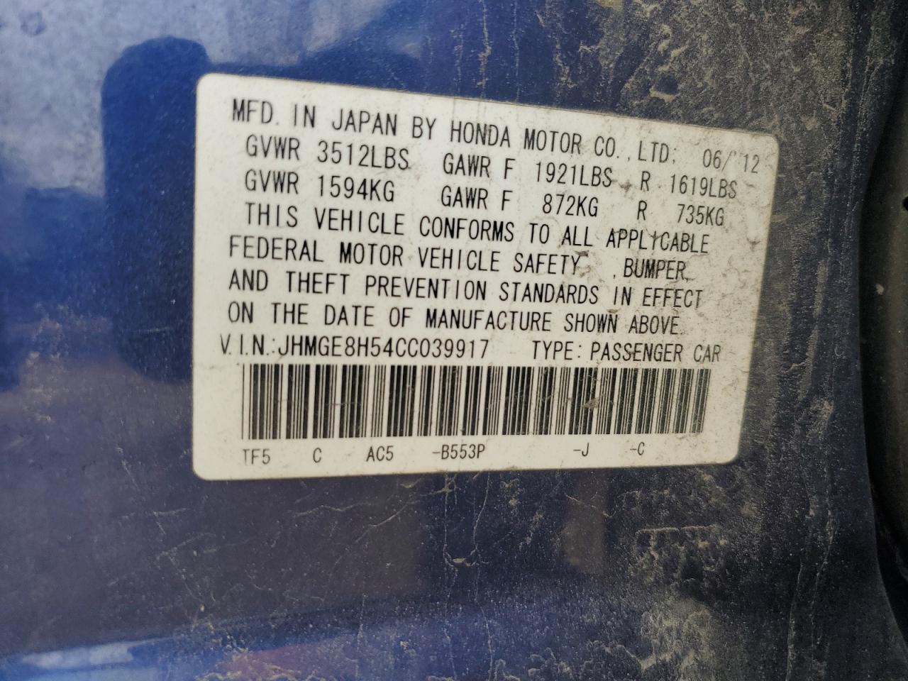 JHMGE8H54CC039917 2012 Honda Fit Sport