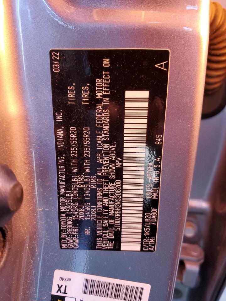 5TDDZRBH2NS206200 2022 Toyota Highlander Limited