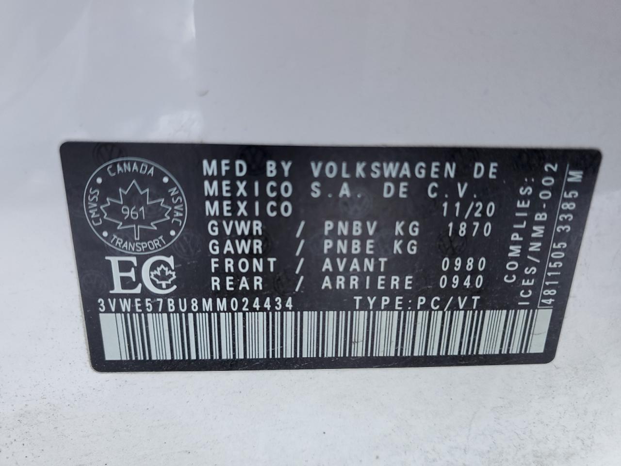 3VWE57BU8MM024434 2021 Volkswagen Jetta Sel