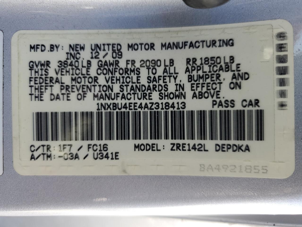 1NXBU4EE4AZ318413 2010 Toyota Corolla Base