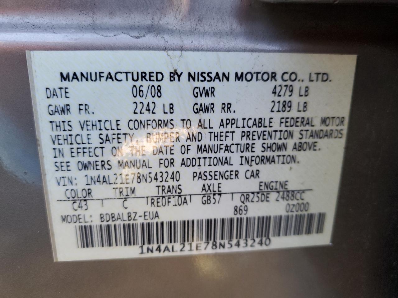 1N4AL21E78N543240 2008 Nissan Altima 2.5