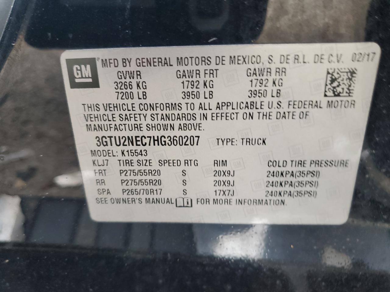 3GTU2NEC7HG360207 2017 GMC Sierra K1500 Slt