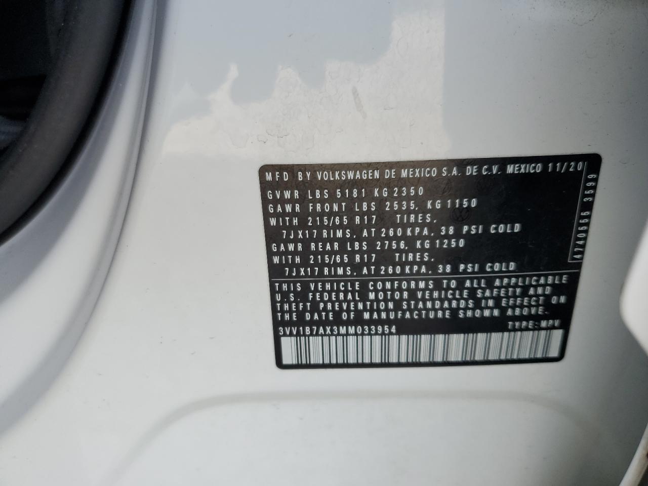 3VV1B7AX3MM033954 2021 Volkswagen Tiguan S