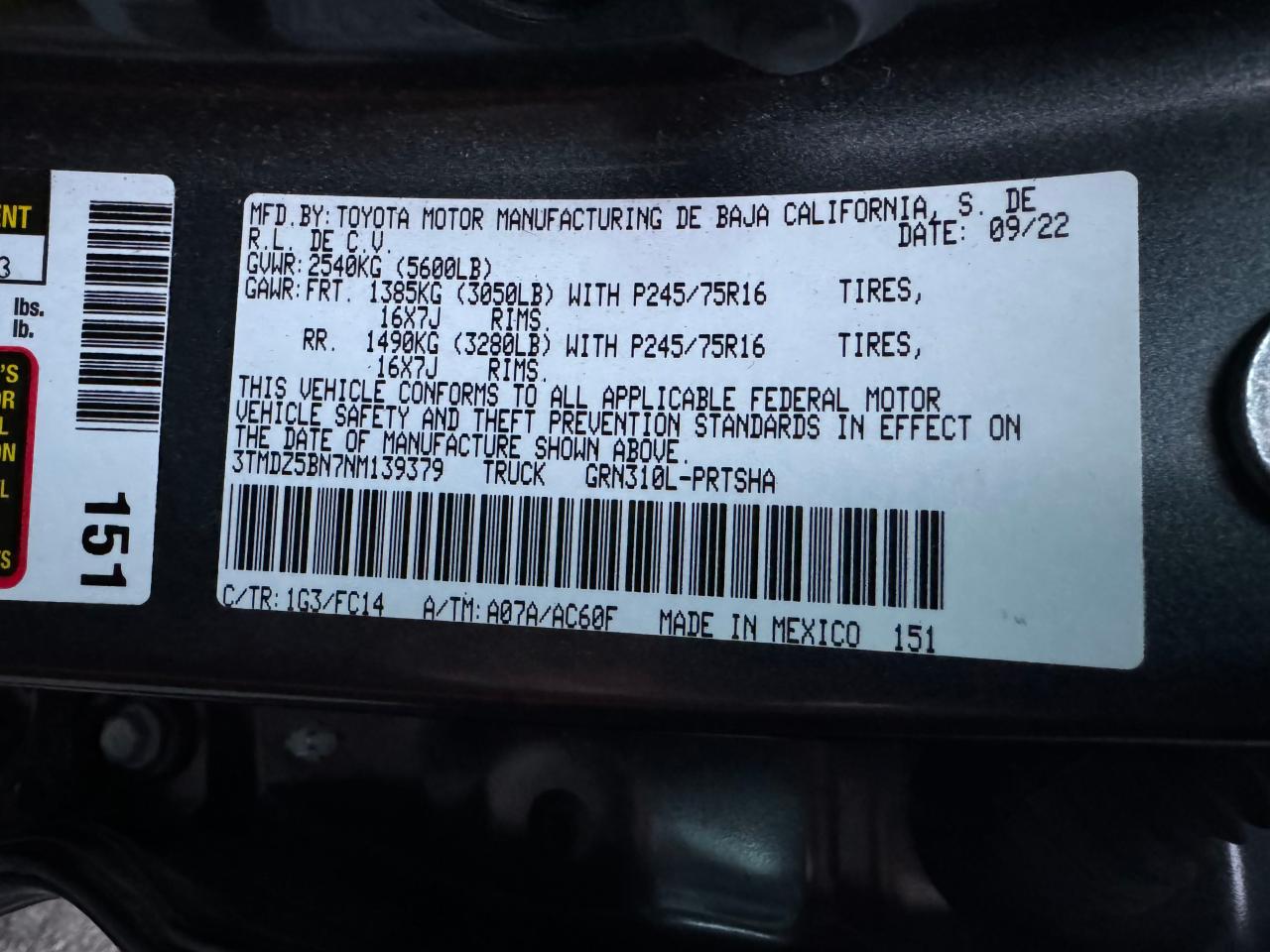 VIN: 3TMDZ5BN7NM139379 2022 TOYOTA TACOMA