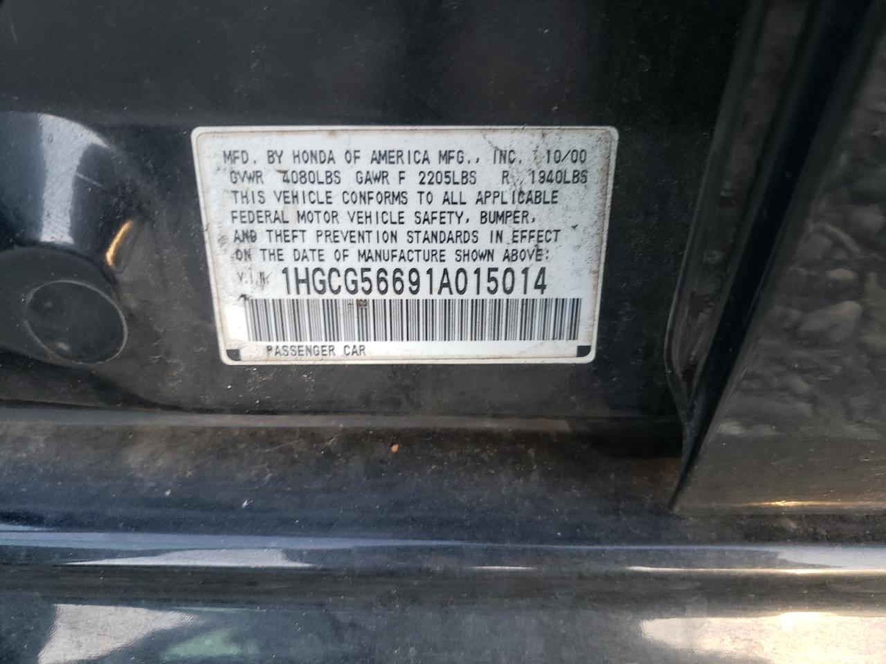 1HGCG56691A015014 2001 Honda Accord Ex