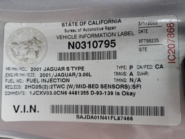 2001 Jaguar S-Type VIN: SAJDA01N41FL87466 Lot: 43653634