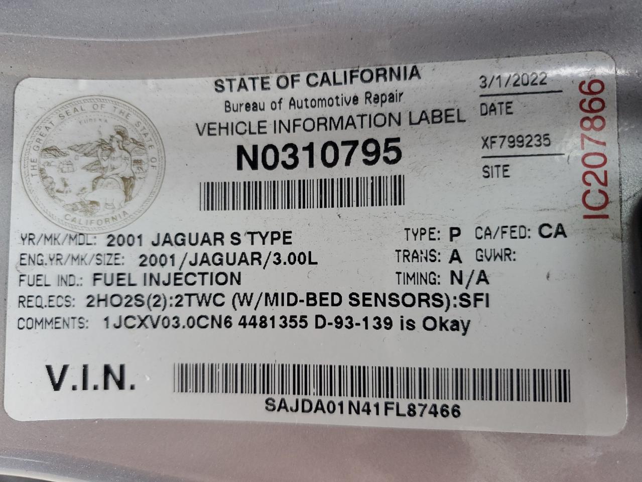 SAJDA01N41FL87466 2001 Jaguar S-Type
