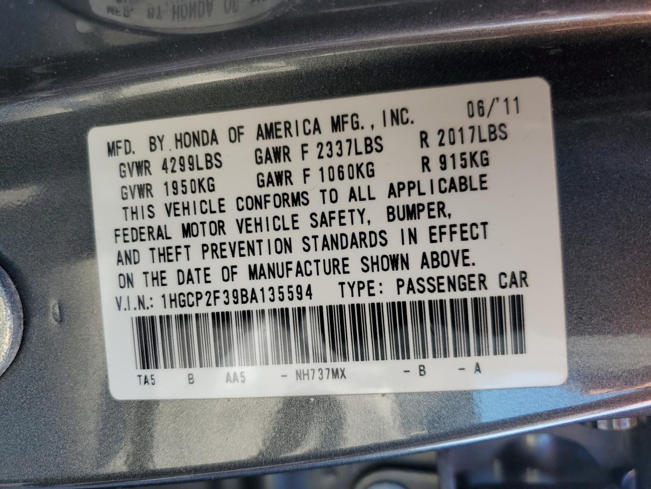 1HGCP2F39BA135594 2011 Honda Accord Lx