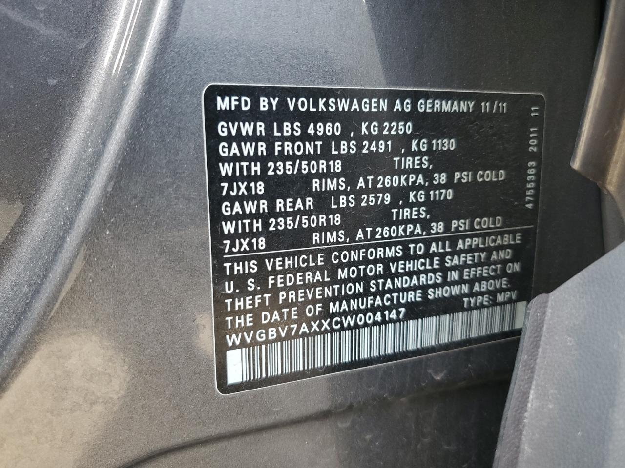 WVGBV7AXXCW004147 2012 Volkswagen Tiguan S