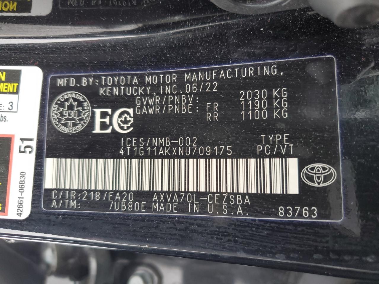 4T1G11AKXNU709175 2022 Toyota Camry Se