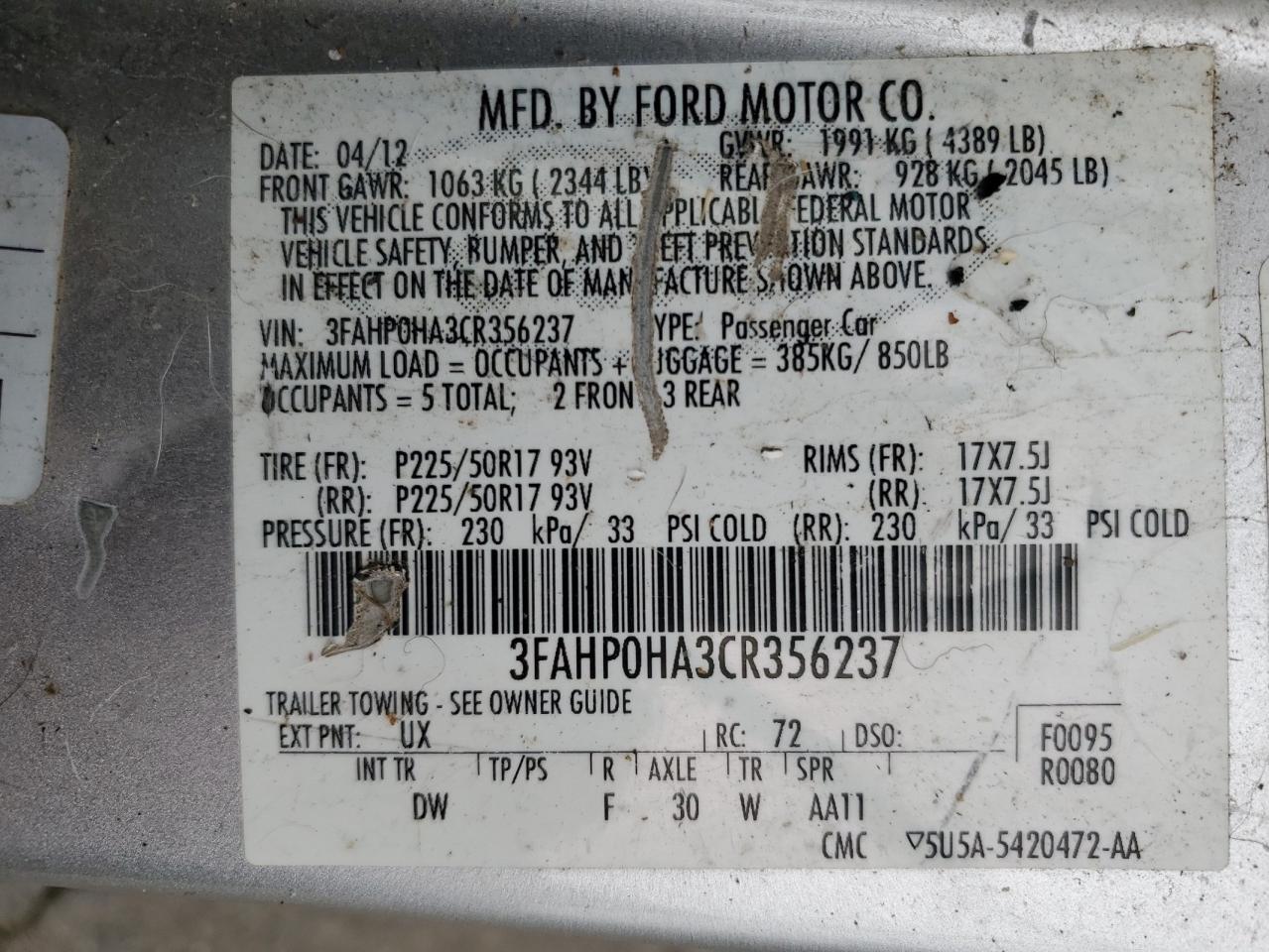 3FAHP0HA3CR356237 2012 Ford Fusion Se