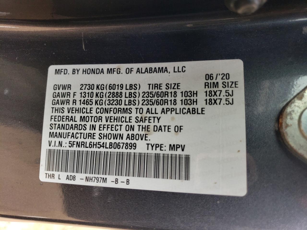 5FNRL6H54LB067899 2020 Honda Odyssey Ex