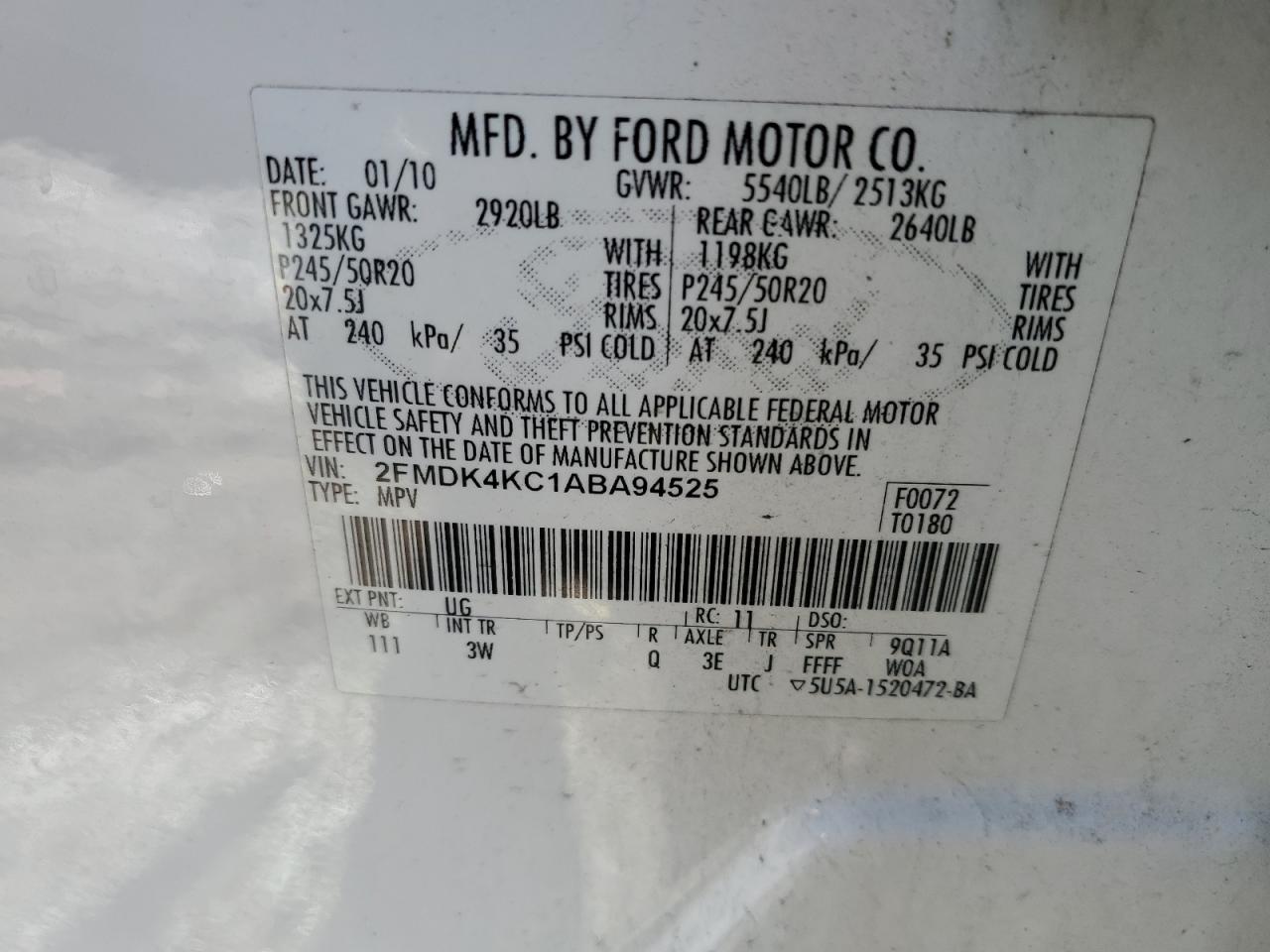 2FMDK4KC1ABA94525 2010 Ford Edge Limited