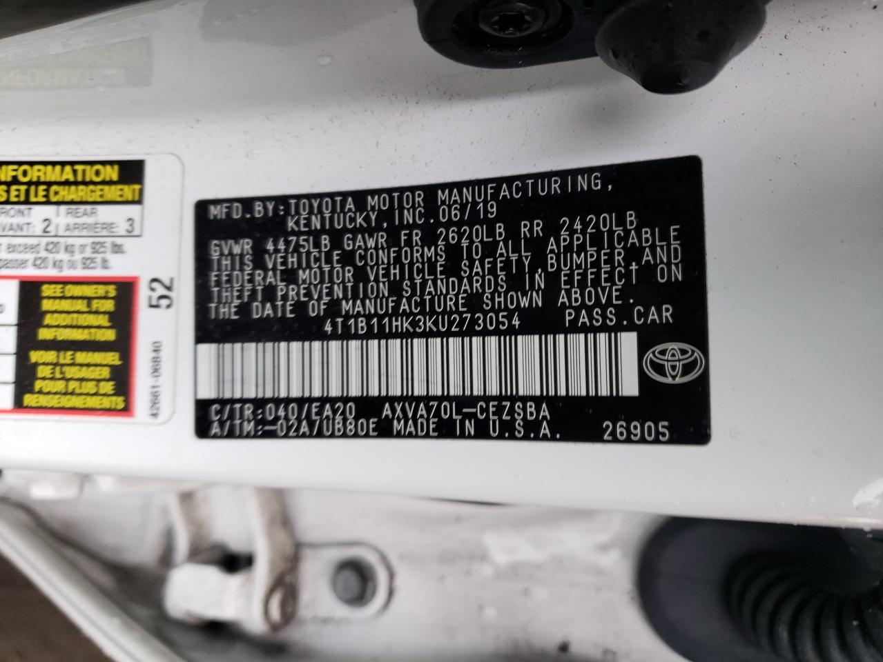 2019 Toyota Camry L vin: 4T1B11HK3KU273054