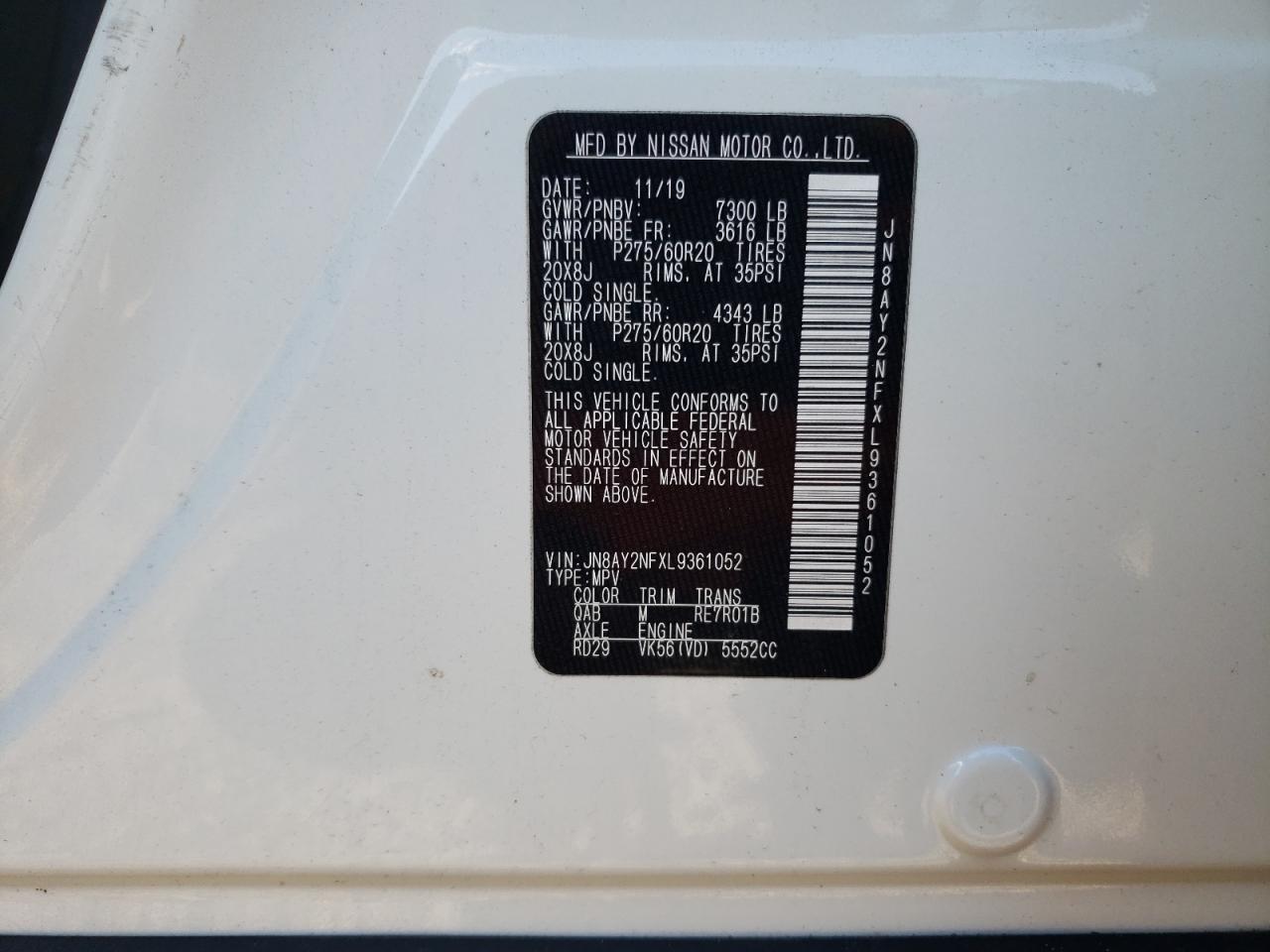 JN8AY2NFXL9361052 2020 Nissan Armada Platinum