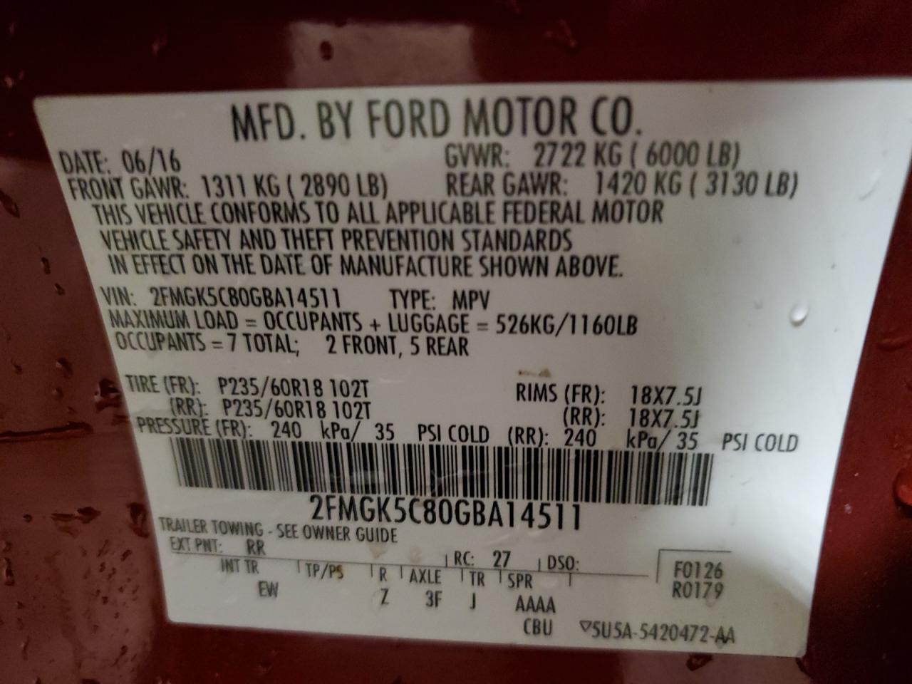 2FMGK5C80GBA14511 2016 Ford Flex Sel