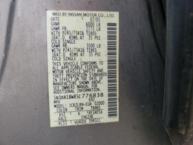 2005 Nissan Pathfinder Le VIN: 5N1AR18W85C776838 Lot: 44550244