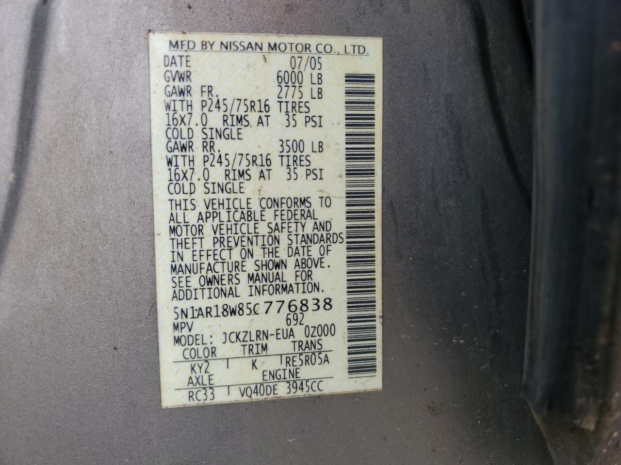 5N1AR18W85C776838 2005 Nissan Pathfinder Le