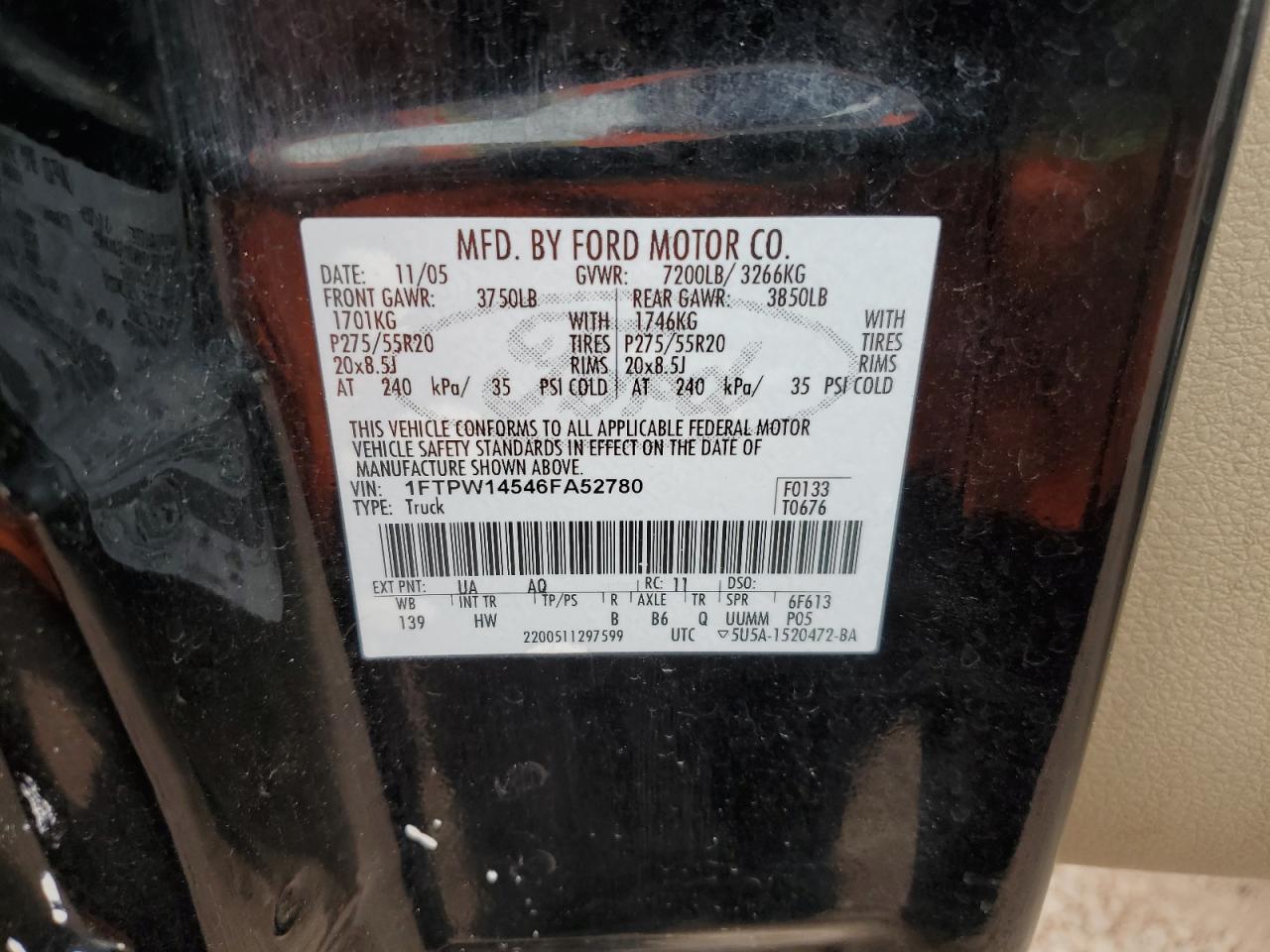 1FTPW14546FA52780 2006 Ford F150 Supercrew