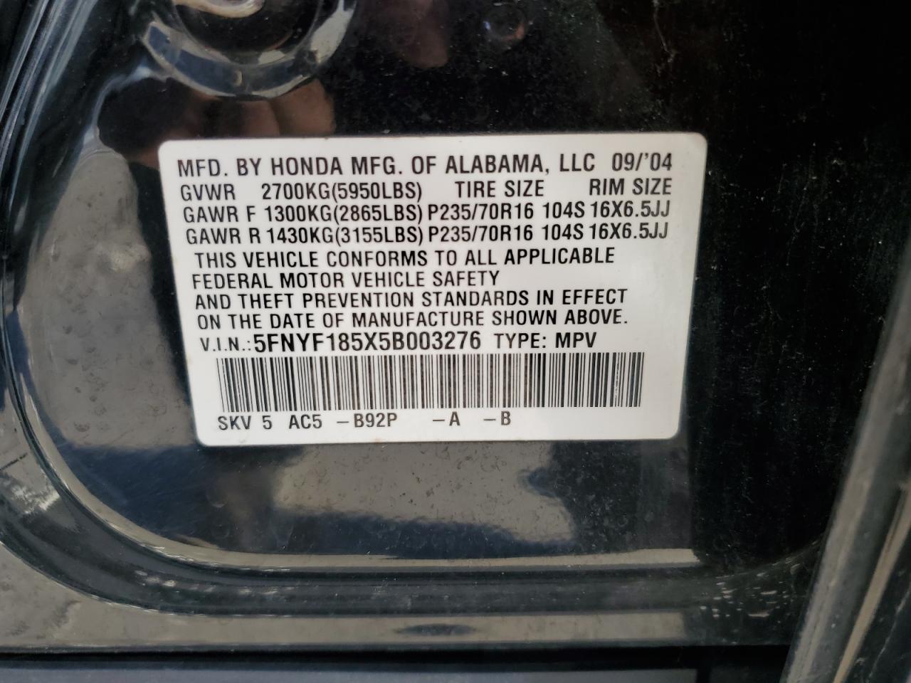 5FNYF185X5B003276 2005 Honda Pilot Exl