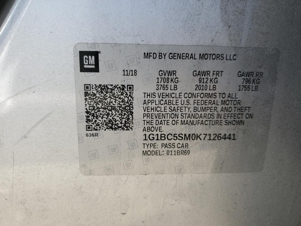 2019 Chevrolet Cruze Ls 1.4L(VIN: 1G1BC5SM0K7126441