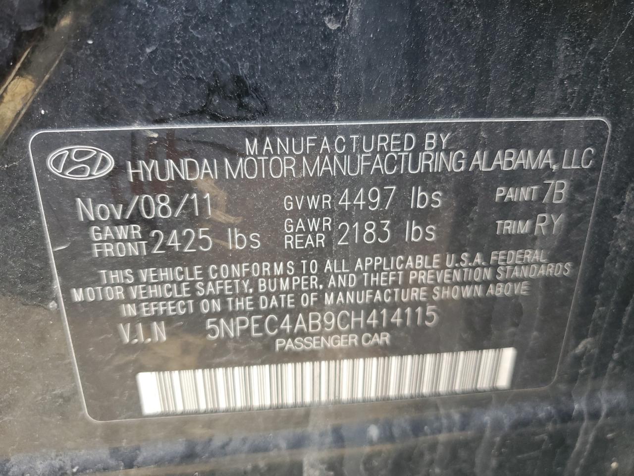 5NPEC4AB9CH414115 2012 Hyundai Sonata Se