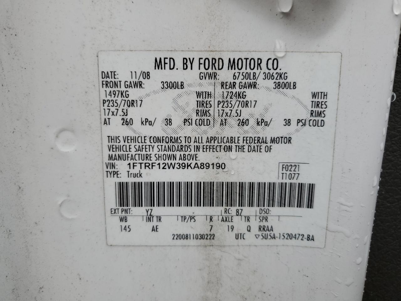 1FTRF12W39KA89190 2009 Ford F-150 Stx/Xl/Xlt