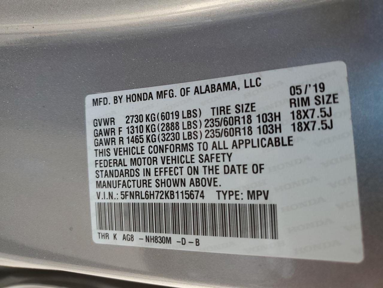 VIN: 5FNRL6H72KB115674 2019 HONDA All Models