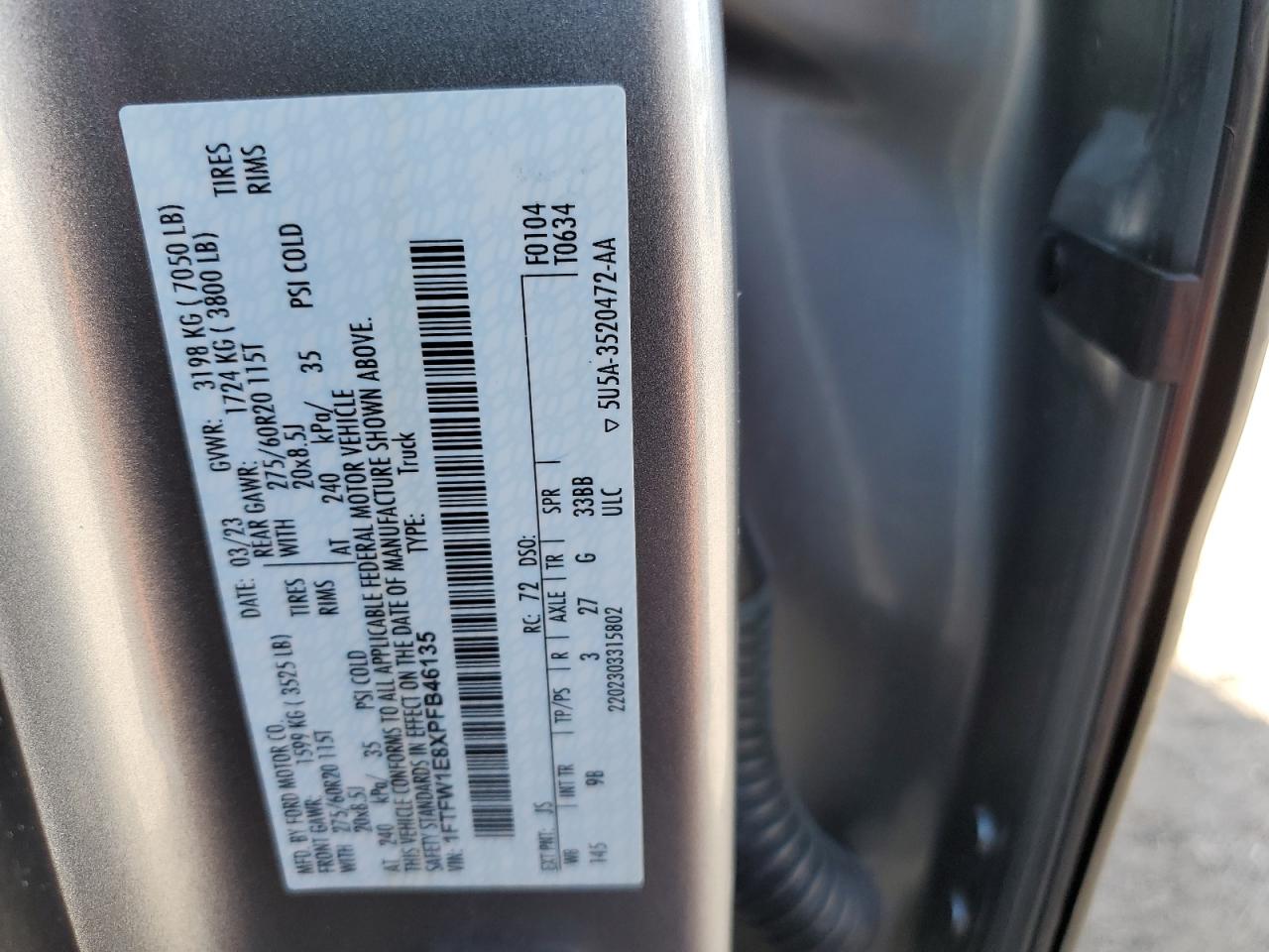VIN: 1FTFW1E8XPFB46135 2023 FORD F-150