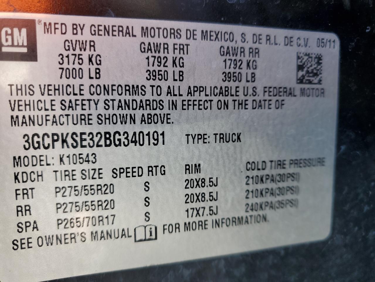 3GCPKSE32BG340191 2011 Chevrolet Silverado K1500 Lt