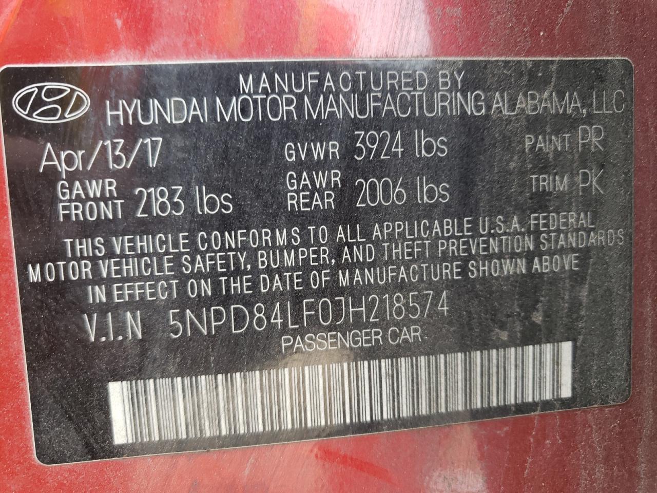 2018 Hyundai Elantra Se 2.0L(VIN: 5NPD84LF0JH218574