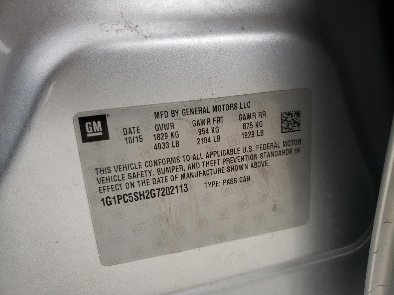 1G1PC5SH2G7202113 2016 Chevrolet Cruze Limited Ls