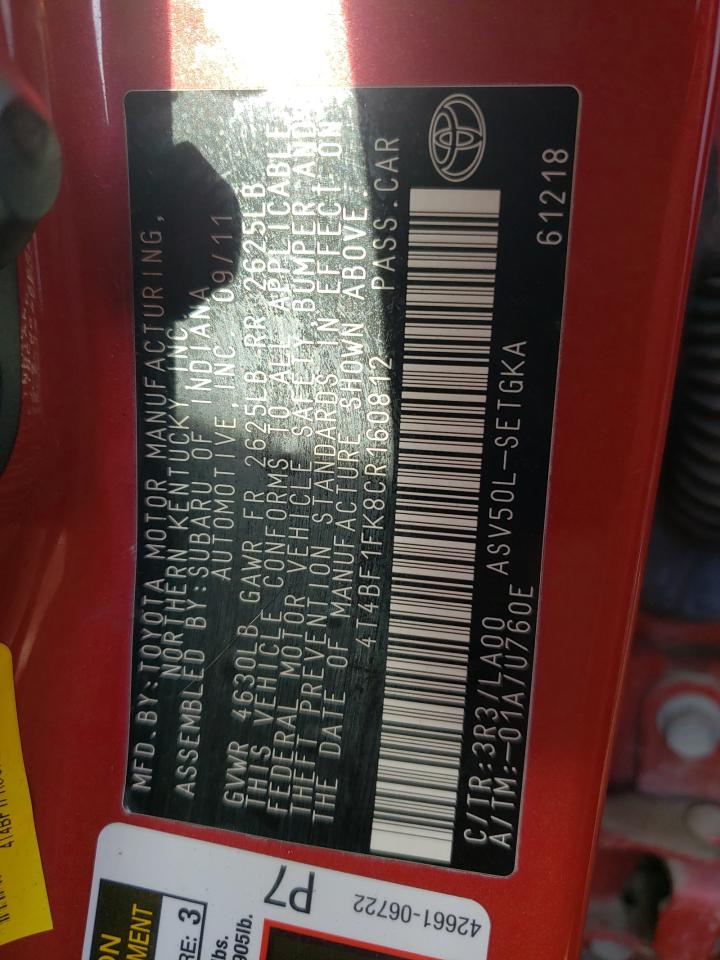 4T4BF1FK8CR160812 2012 Toyota Camry Base