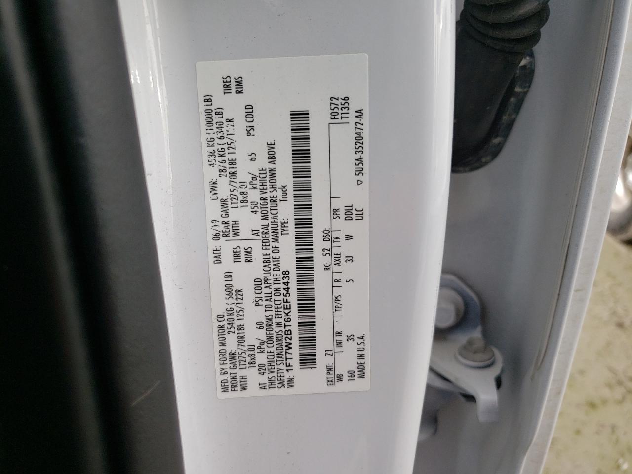VIN: 1FT7W2BT6KEF54438 2019 FORD F250