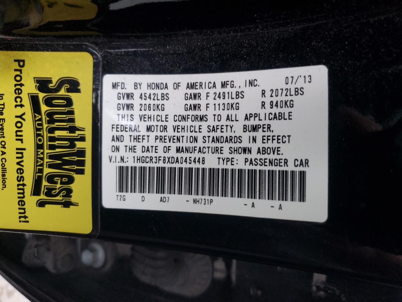 1HGCR3F8XDA045448 2013 Honda Accord Exl