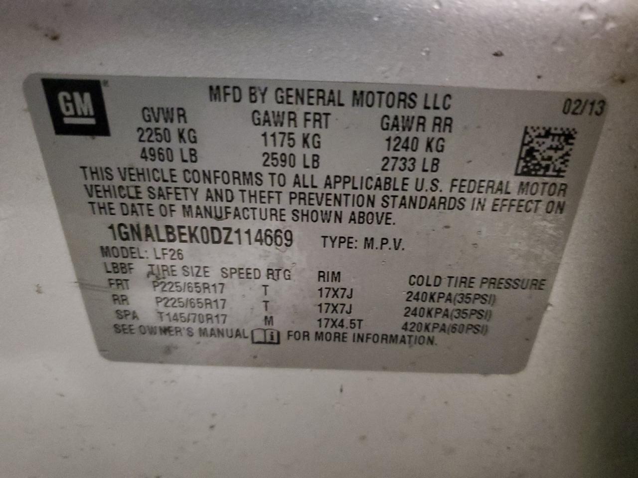 1GNALBEK0DZ114669 2013 Chevrolet Equinox Ls