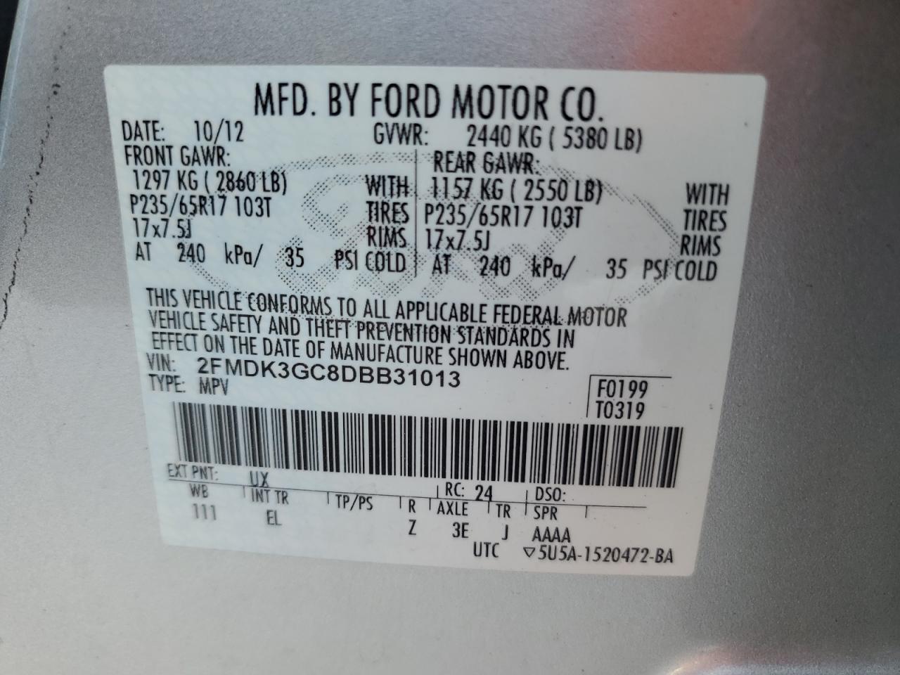 2FMDK3GC8DBB31013 2013 Ford Edge Se